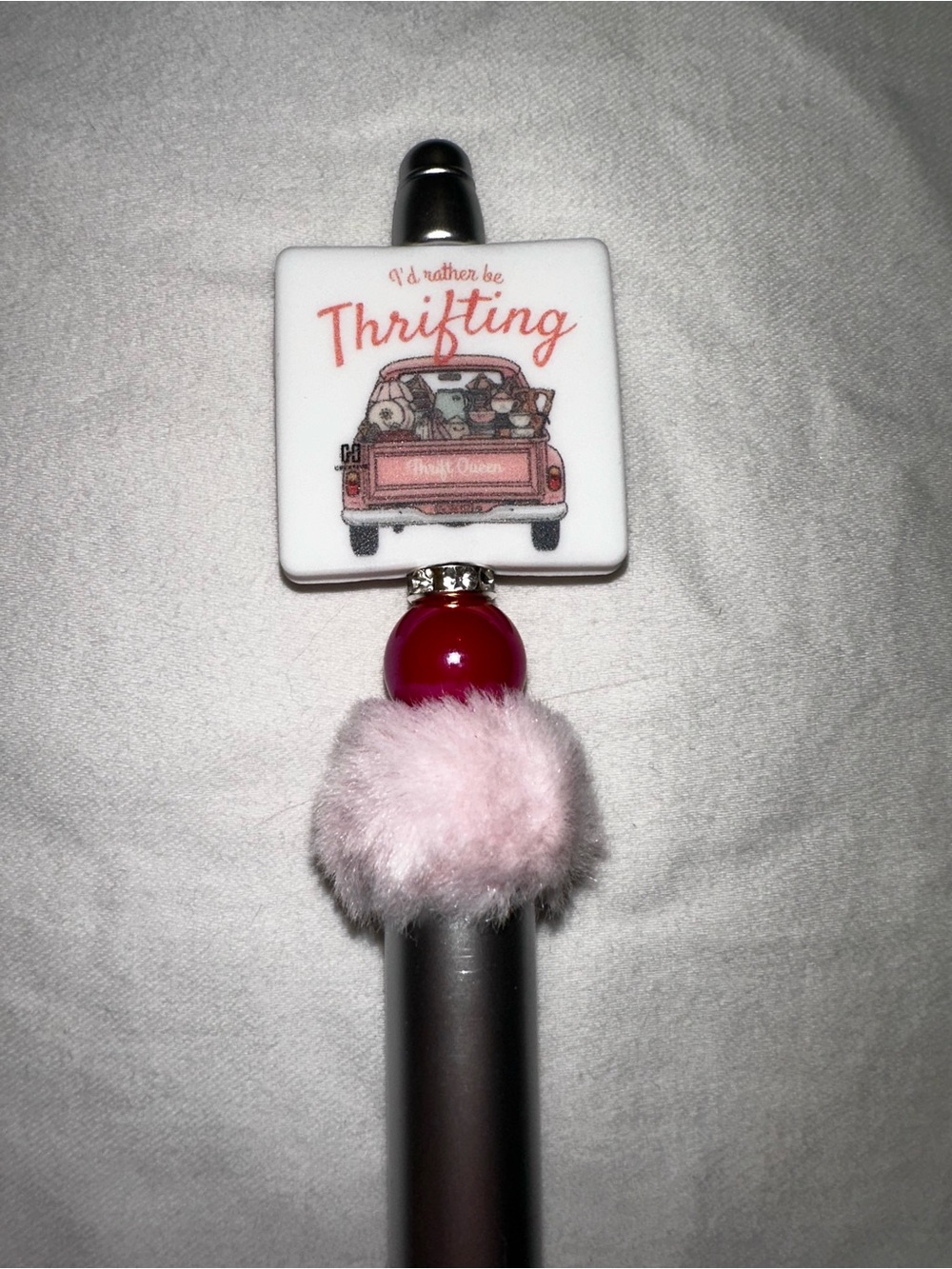 Cute 'I'd Rather Be Thrifting' Pom Pom Pen - Pink & Red